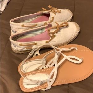 White Sperry slip ons and  Dollhouse flat sandals